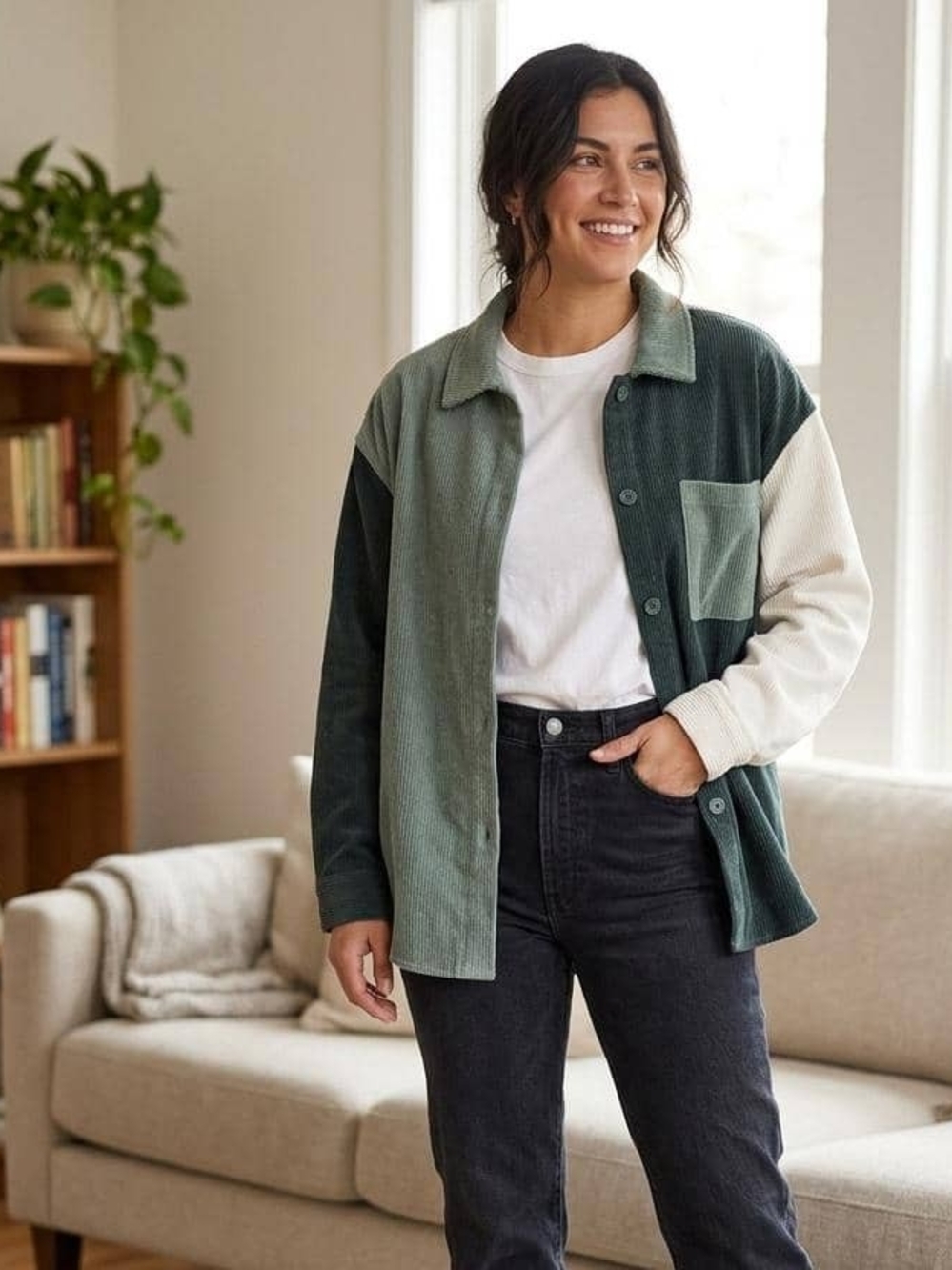 Stella Tweed Colorblock Corduroy Utility Jacket in Sage, Dark Green & Cream • L